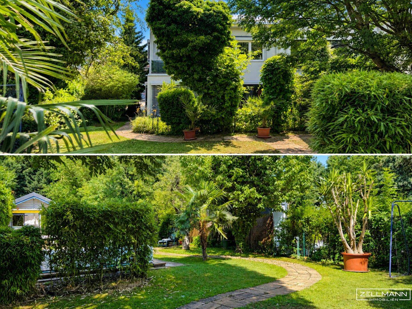 Weitläufiger, gepflegter Garten mit üppiger Vegetation, Rasenflächen und einem gewundenen Pfad.