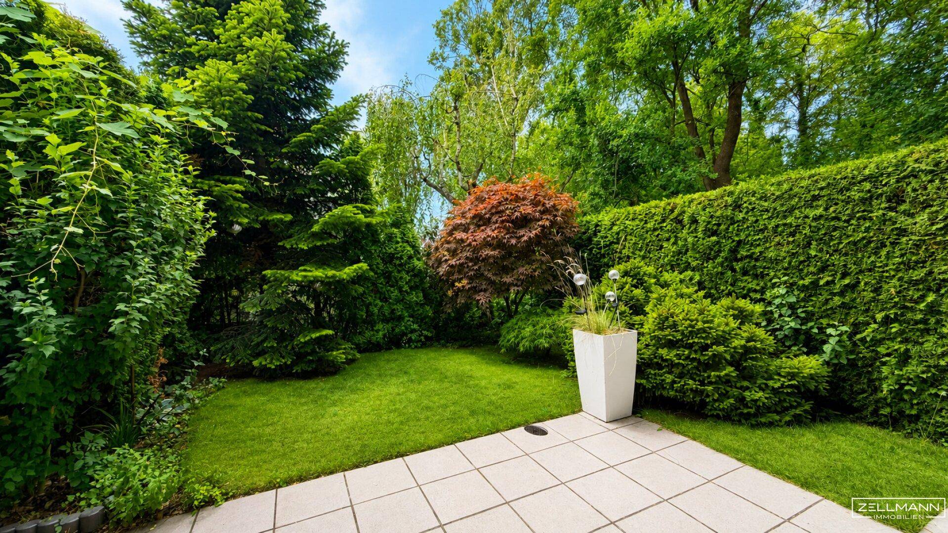Gepflegter grüner Garten mit Terrasse, hohen Hecken und verschiedenen Bäumen.