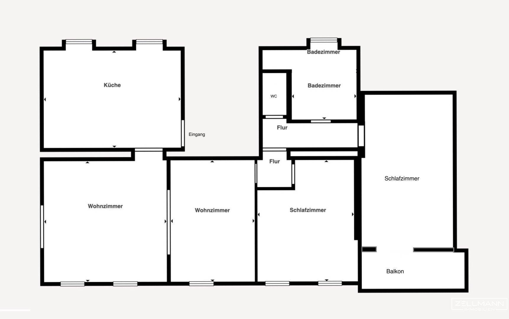 Vereinfachter Grundriss mit Küche, Wohnzimmer, Schlafzimmer, Bad und Balkon.