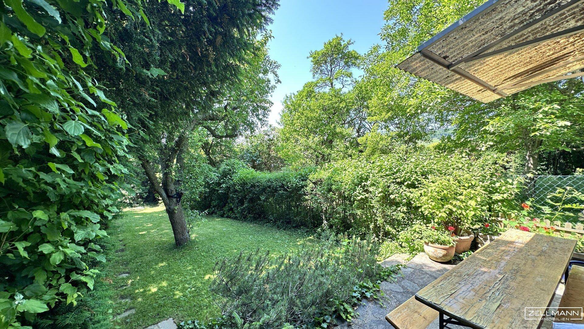 Sonniger, gepflegter Garten mit Rasenfläche, altem Baumbestand und einer gemütlichen Terrasse mit Sitzgelegenheiten.