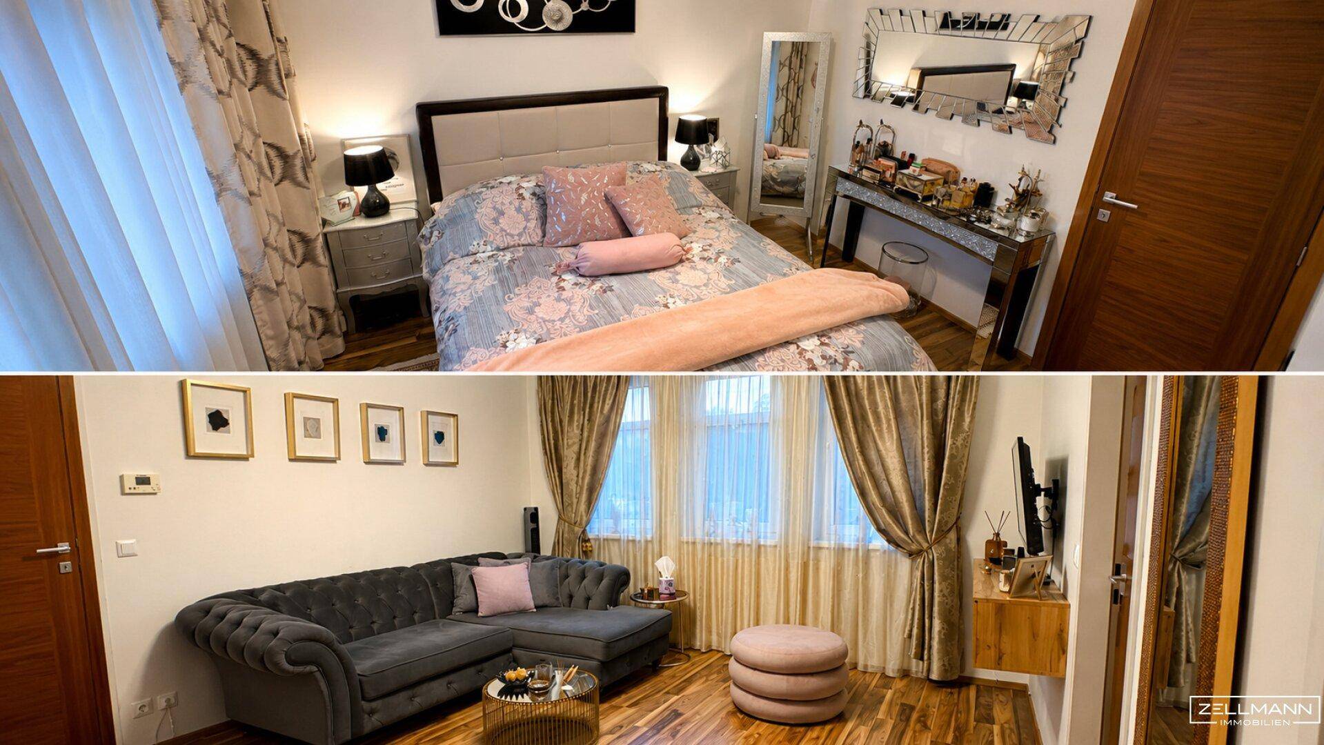 Collage aus einem Schlafzimmer mit Doppelbett und einem Wohnzimmer mit grauem Sofa.