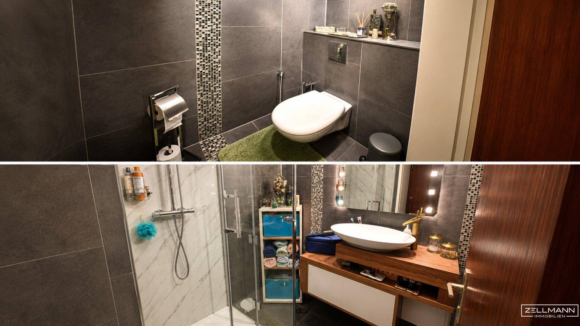 Collage aus einem modernen WC und einem Badezimmer mit Dusche und Waschtisch.