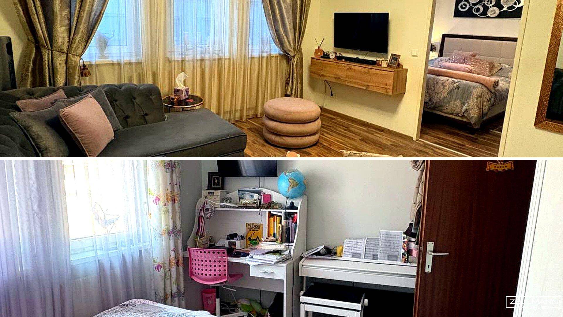 Collage zeigt einen Wohnbereich mit Sofa und einen weiteren Raum mit Schreibtisch.