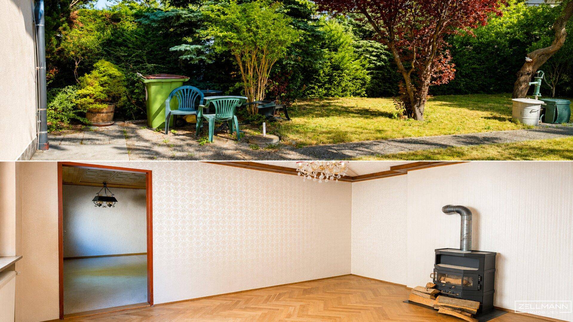 Gepflegter Gartenbereich mit Bäumen und Innenraum mit Kaminofen und Fischgrätparkett.