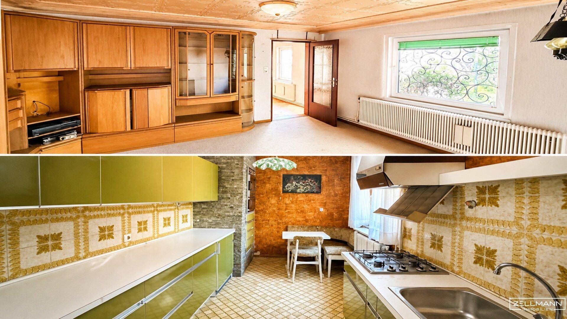 Wohnbereich mit Holzmöbeln und separate Küche im traditionellen Stil mit Gasherd.