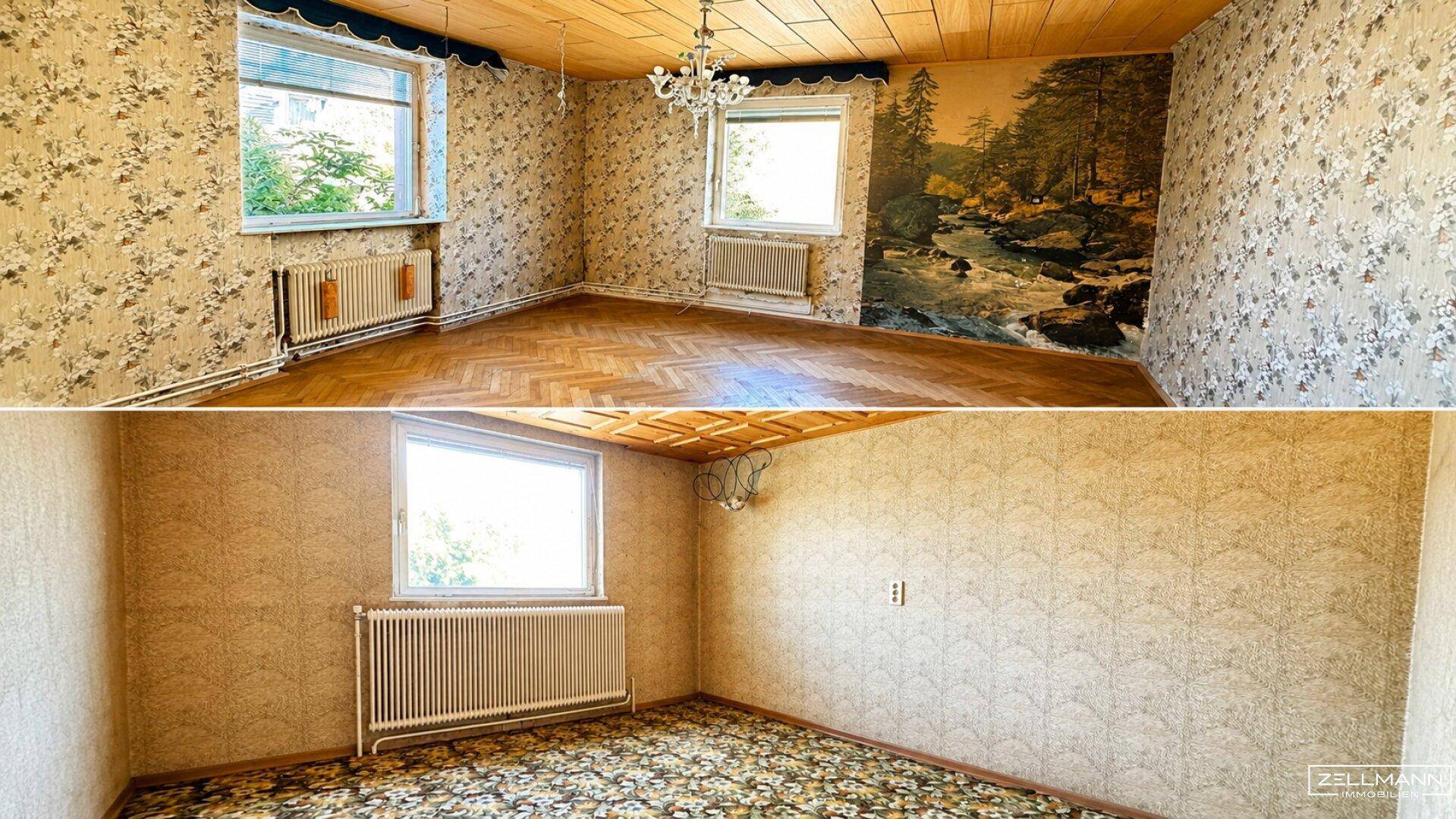 Zwei Zimmer mit gemusterten Tapeten, Holzdecken und Parkett- oder Teppichboden.