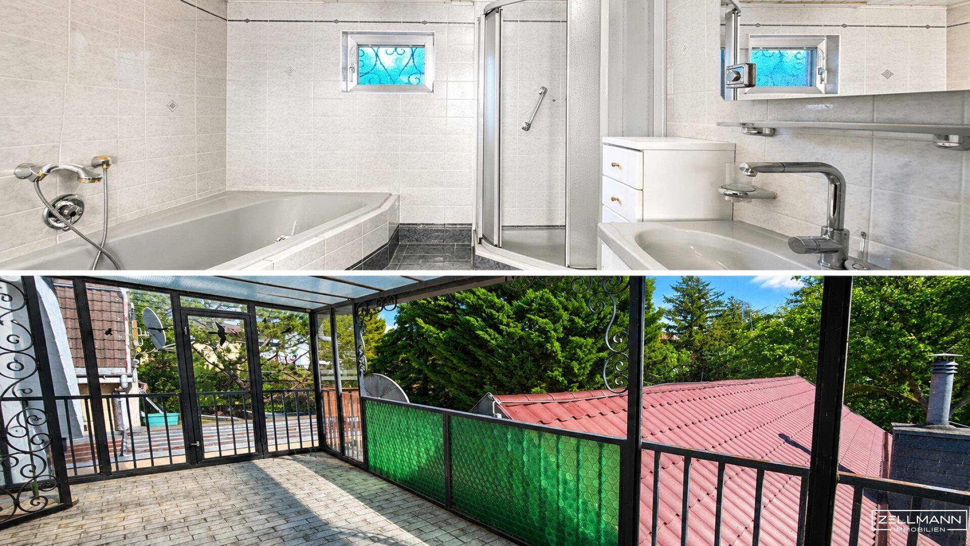 Badezimmer mit Badewanne und Dusche sowie ein verglaster Wintergarten mit Blick ins Grüne.