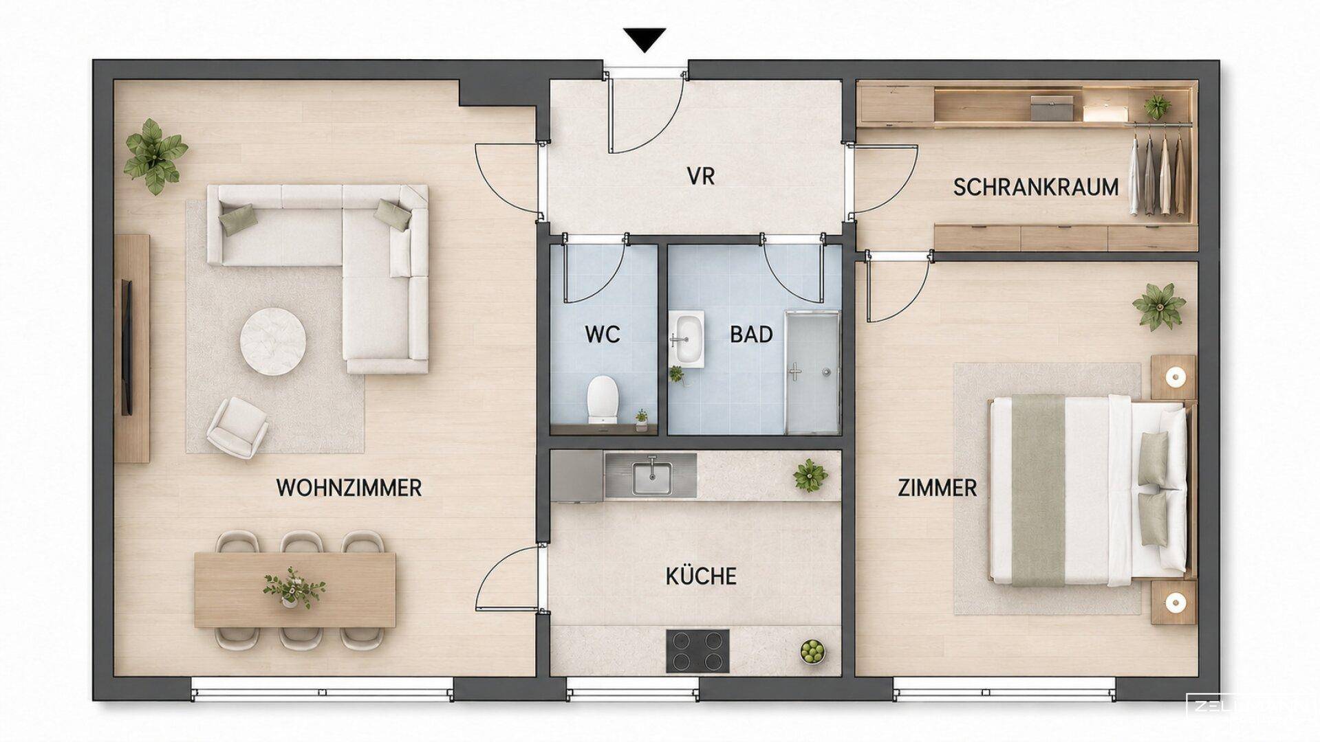 Übersichtlicher Grundriss einer Wohnung mit offenem Wohnbereich, Schlafzimmer und separatem WC.