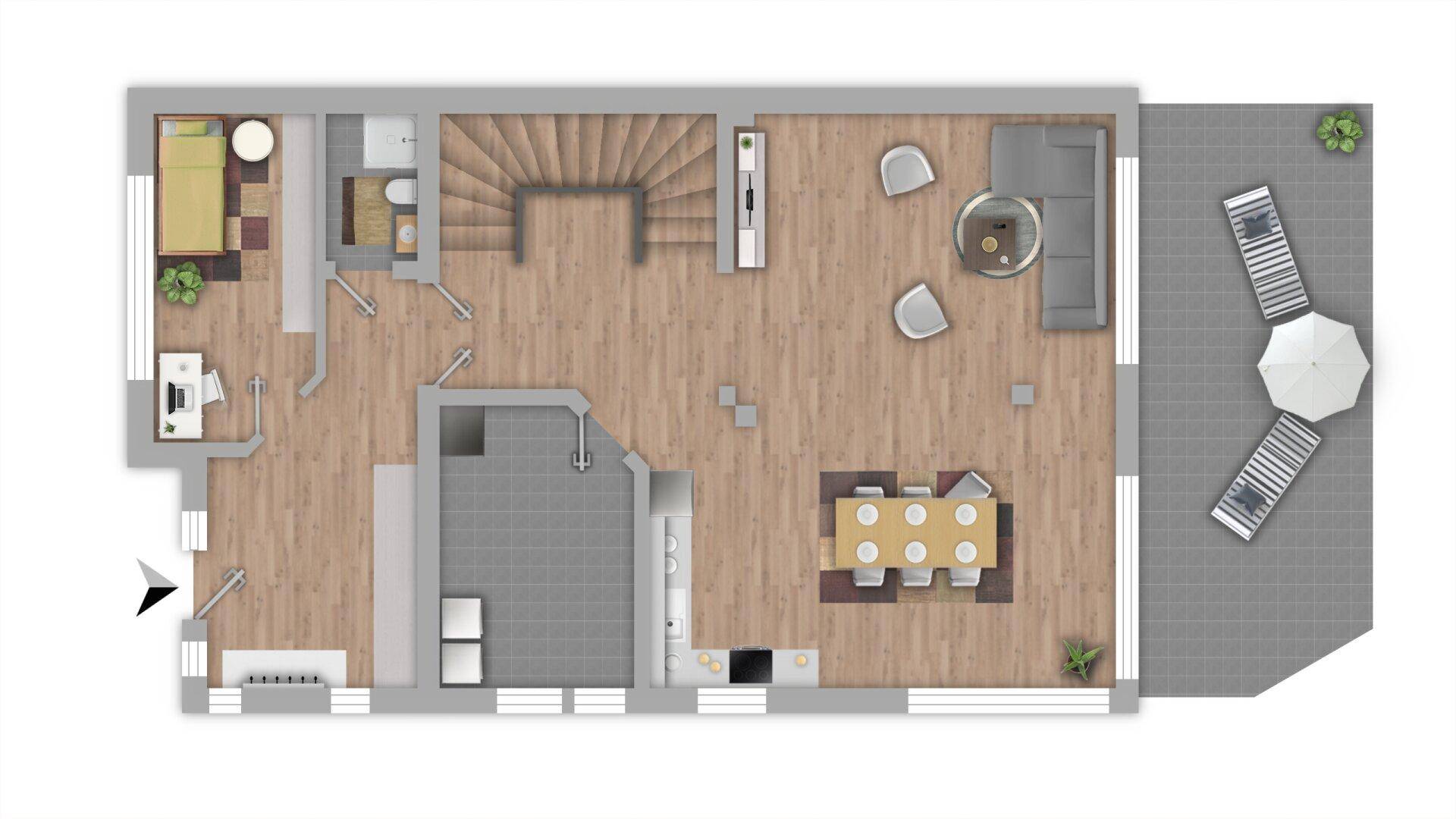 Grundriss des Erdgeschosses mit offenem Wohn-Essbereich, Küche, Schlafzimmer und großer Terrasse.