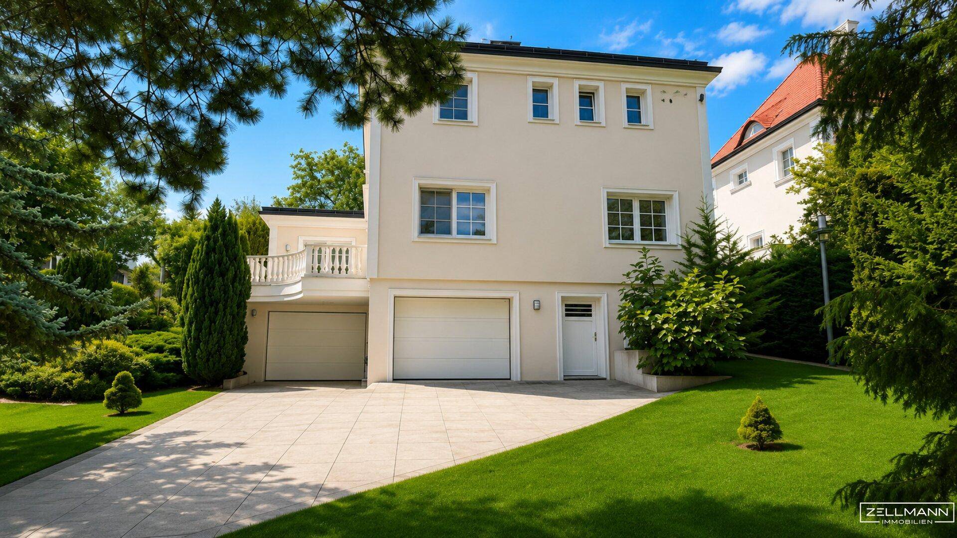 Vorderansicht des Hauses mit Garage, gepflastertem Bereich und gepflegtem Vorgarten.