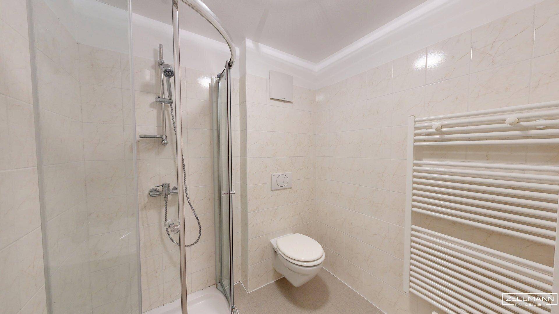 Badezimmer mit Duschkabine, Toilette und praktischem beheiztem Handtuchhalter.