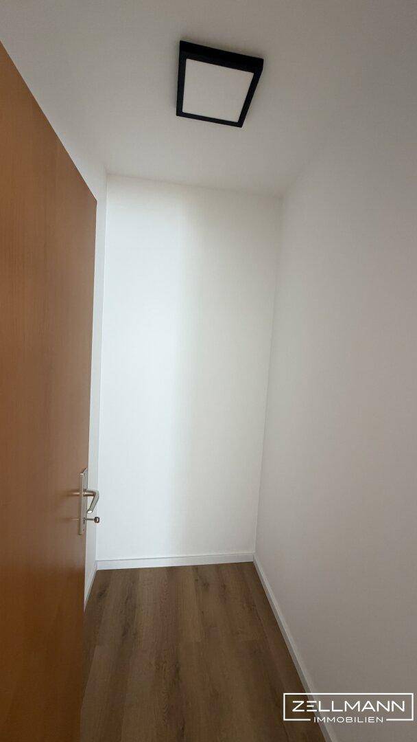 Heller Flur mit Holzboden und einer modernen Holztür.