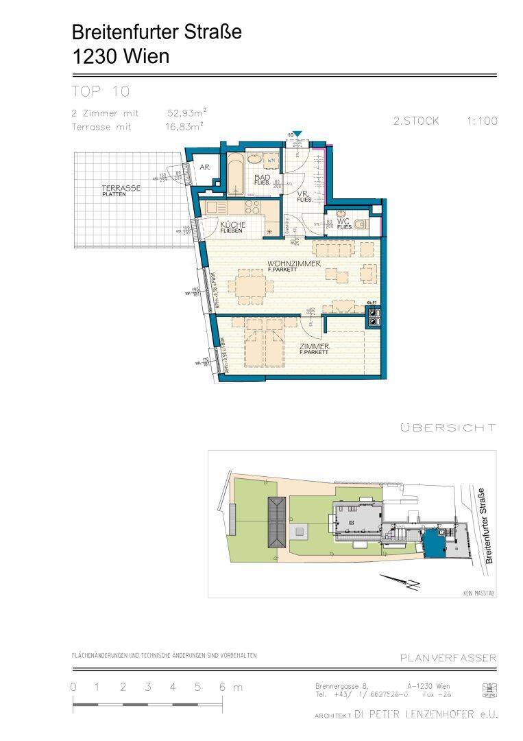 Grundriss der Wohnung mit zwei Zimmern, offener Küche und großer Terrasse.