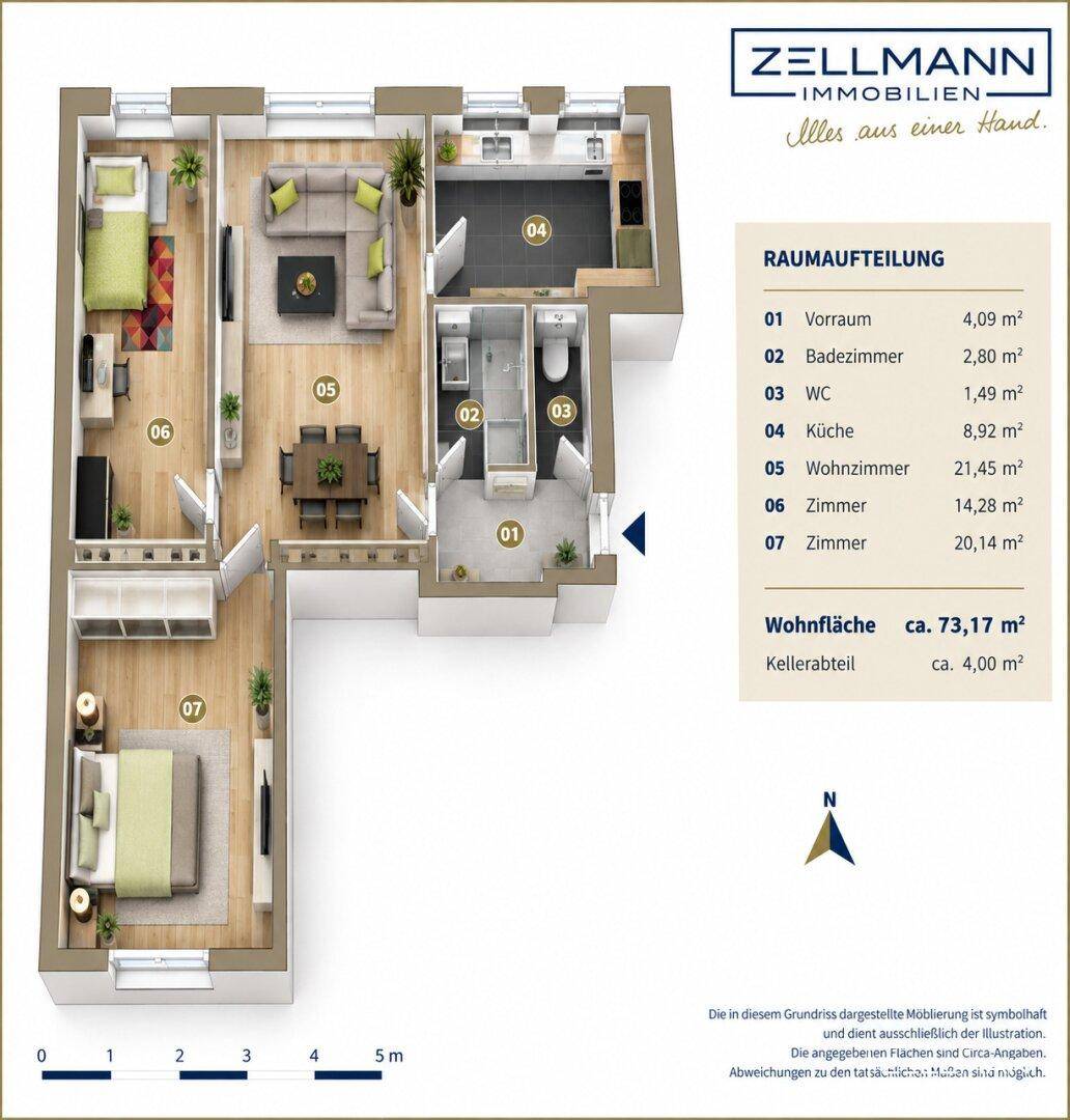 Detaillierter Grundriss einer Wohnung mit drei Zimmern, Wohnzimmer und separater Küche.