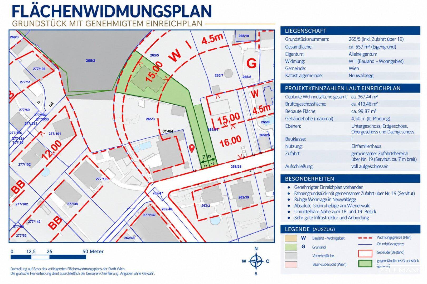 Übersichtlicher Flächenwidmungsplan mit Grundstücksgrenzen, Baufeldern und Grünflächen in Neuwaldegg.