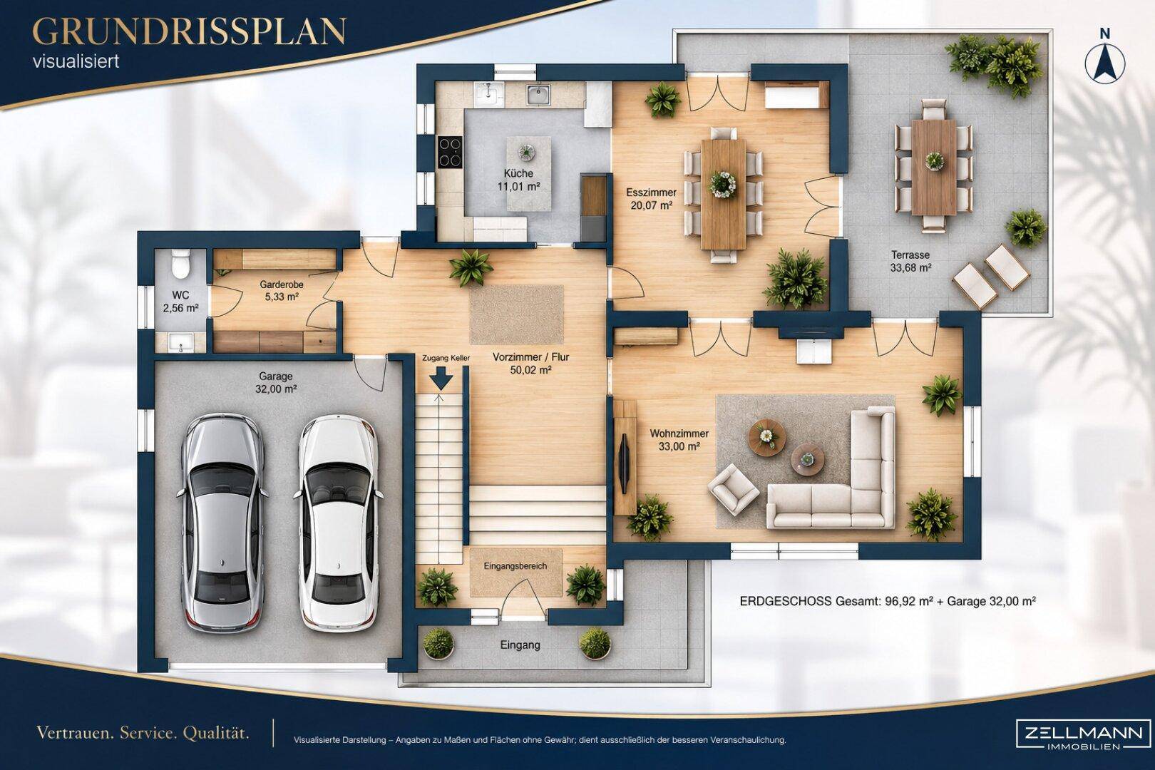 Visualisierter Grundriss des Erdgeschosses mit Garage, Küche und offenem Wohnbereich.