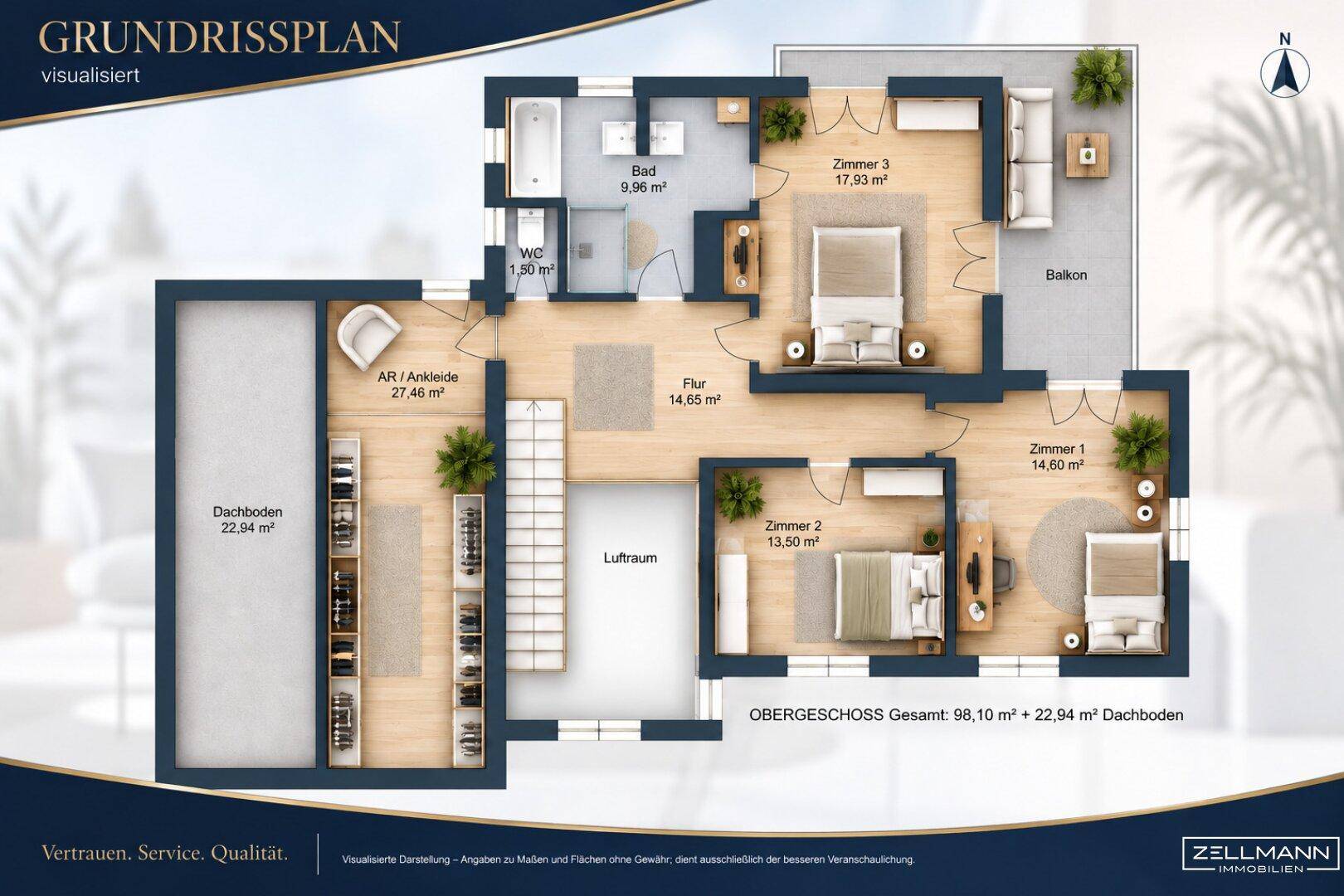 Visualisierter Grundriss des Obergeschosses mit drei Schlafzimmern und Balkon.
