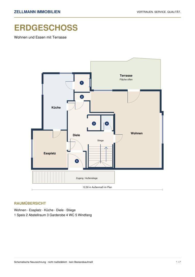 Grundriss des Erdgeschosses mit offenem Wohnbereich, Essplatz, Küche und direktem Zugang zur Terrasse.