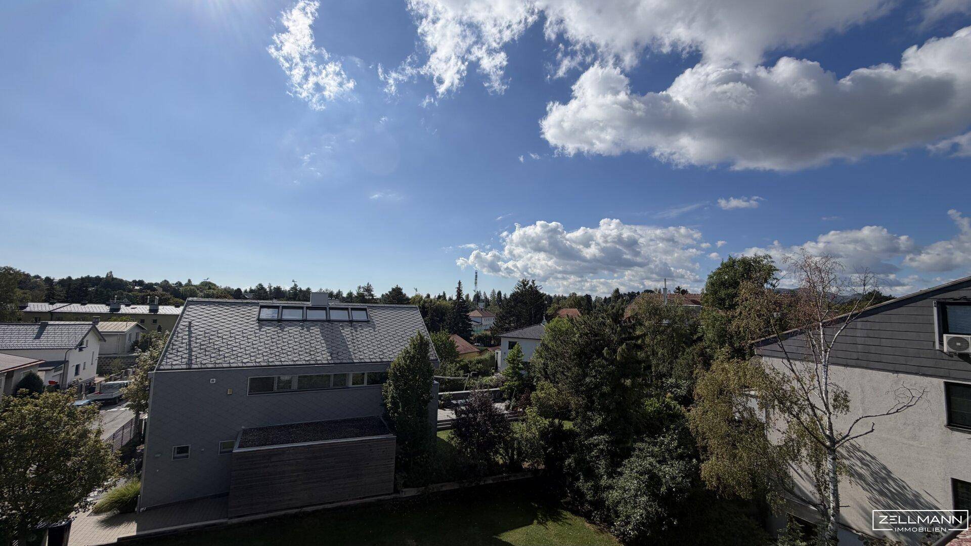 Panoramablick über die Dächer der Nachbarschaft mit viel Grün und blauem Himmel.