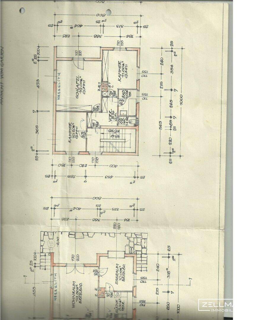 Grundriss des Obergeschosses mit Schlafzimmern, Kammer und Vorraum.