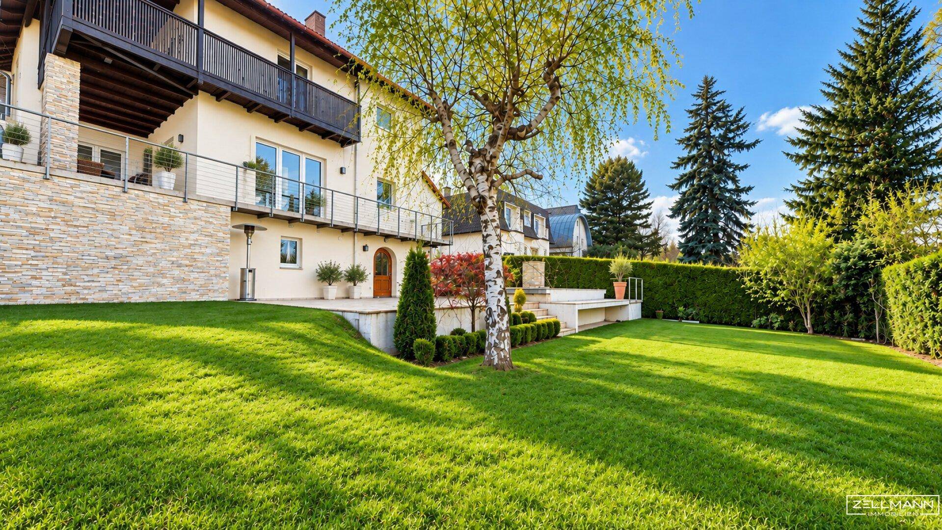 Gepflegter Gartenbereich mit Rasenfläche und Baumbestand vor der modernen Hausfassade.