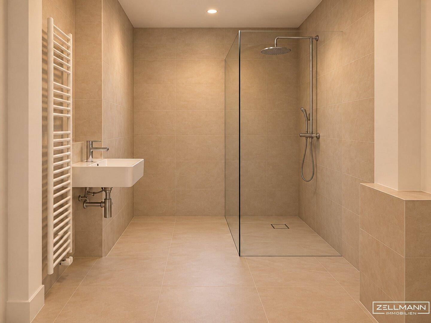 Modernes Badezimmer mit beigefarbenen Fliesen, ebenerdiger Dusche und Handtuchheizkörper.