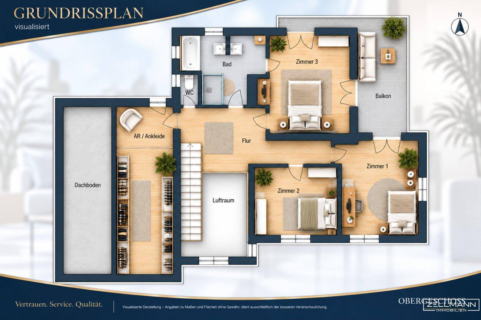 Visualisierter Grundriss des Obergeschosses mit drei Schlafzimmern, Bad und Balkon.
