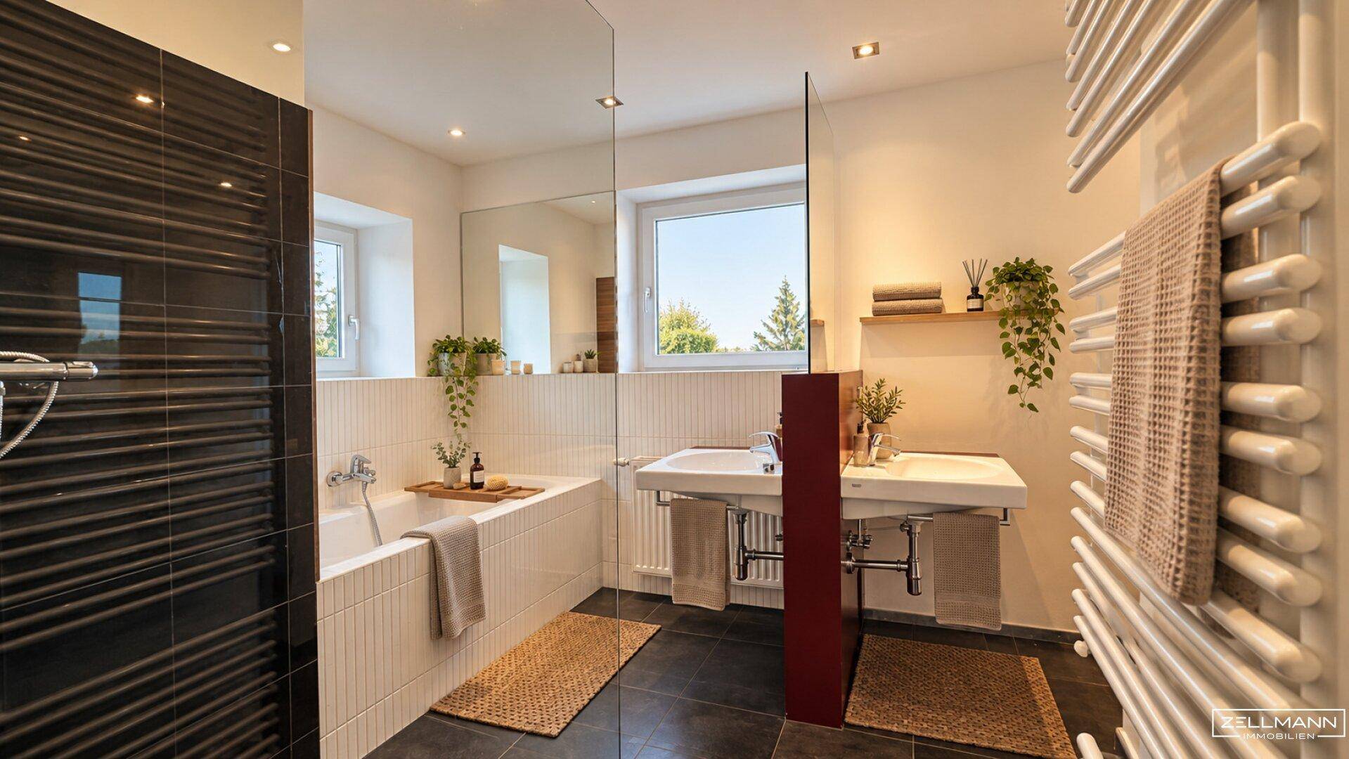 Modernes Badezimmer mit Badewanne, Doppelwaschbecken und beheiztem Handtuchhalter.