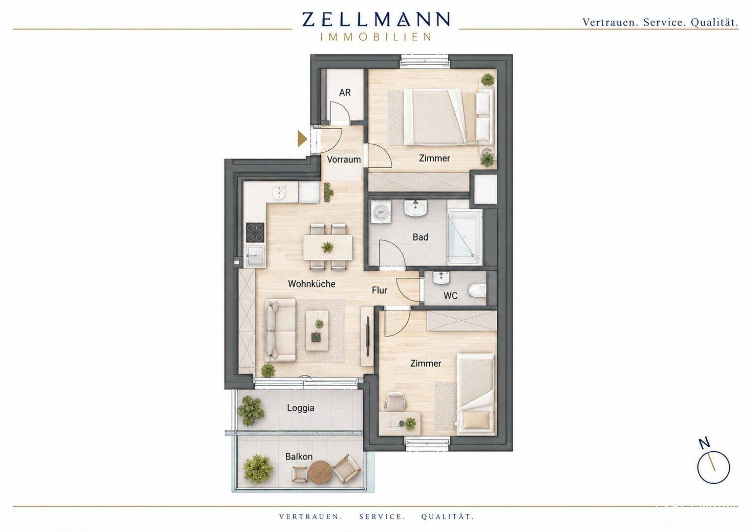 Übersichtlicher Grundriss einer Wohnung mit Wohnküche, zwei Zimmern und Balkon.