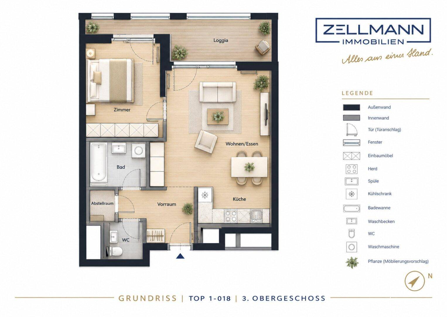 Detaillierter Grundriss einer Wohnung mit Loggia, Schlafzimmer und offenem Wohnbereich.
