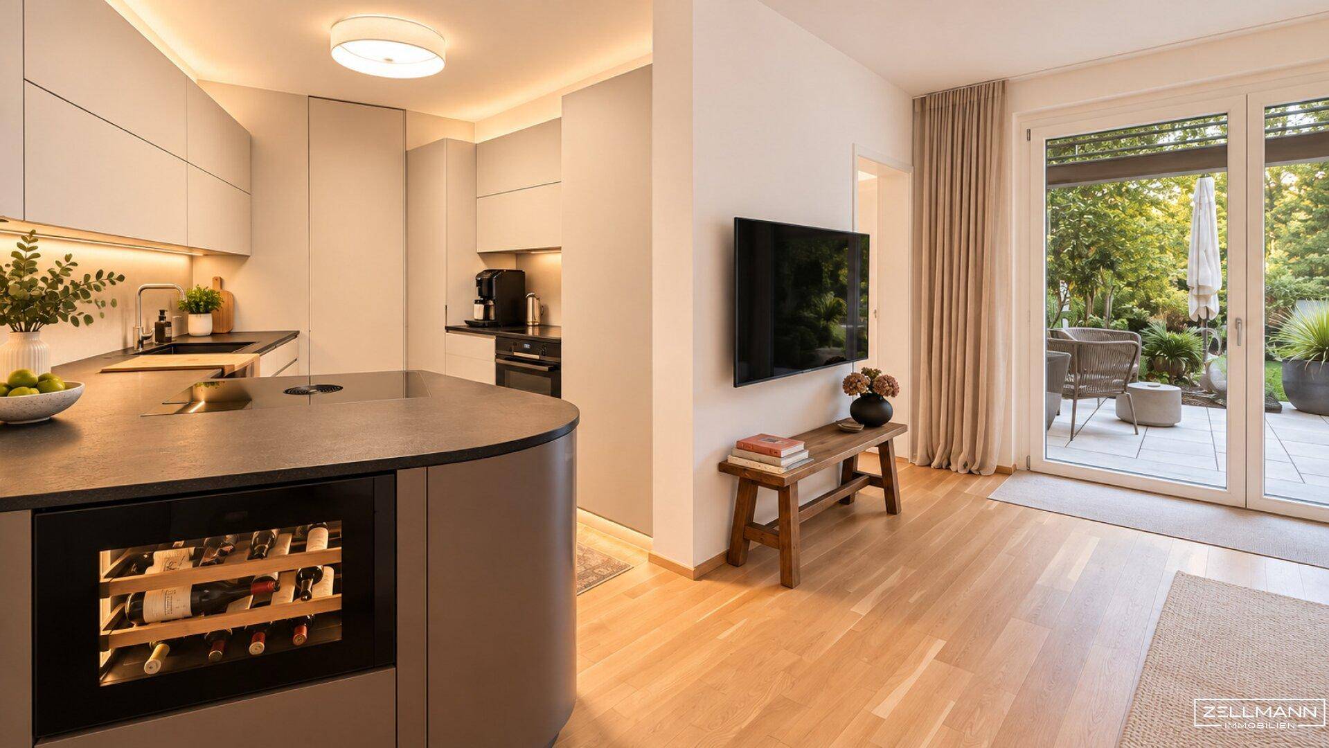 Moderne Küche mit Kücheninsel, integriertem Weinkühler und Zugang zur Terrasse.