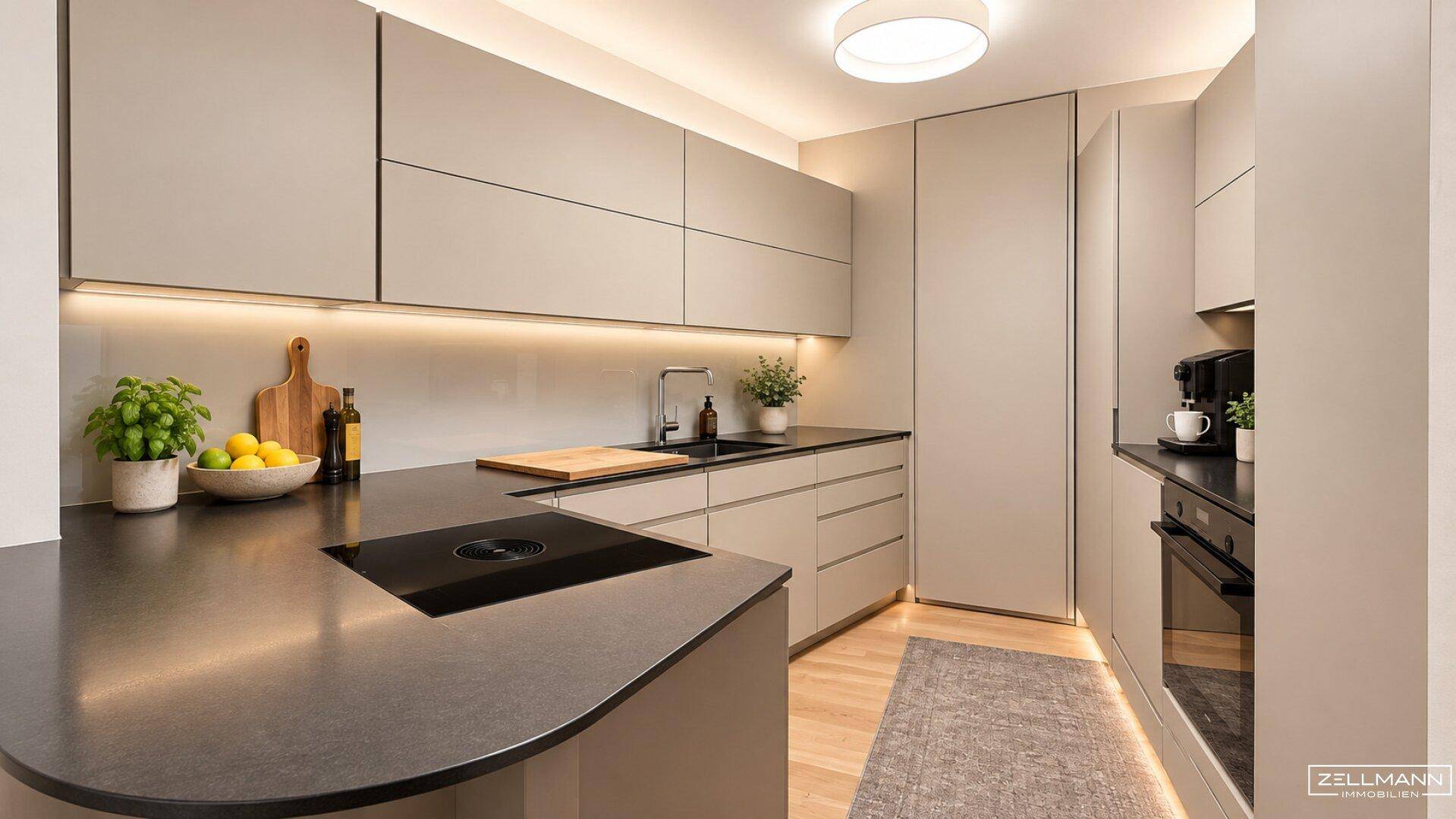 Elegante Einbauküche mit dunkler Arbeitsplatte, Induktionskochfeld und modernen Geräten.