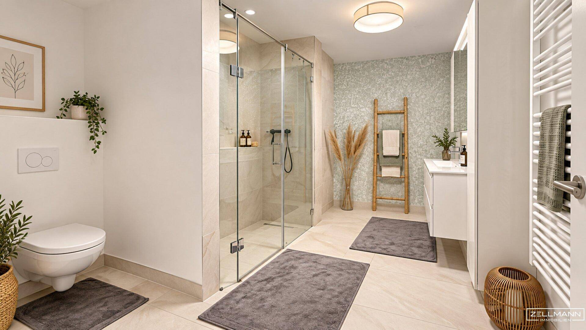 Modernes Badezimmer mit bodengleicher Dusche, Wand-WC und beheiztem Handtuchhalter.