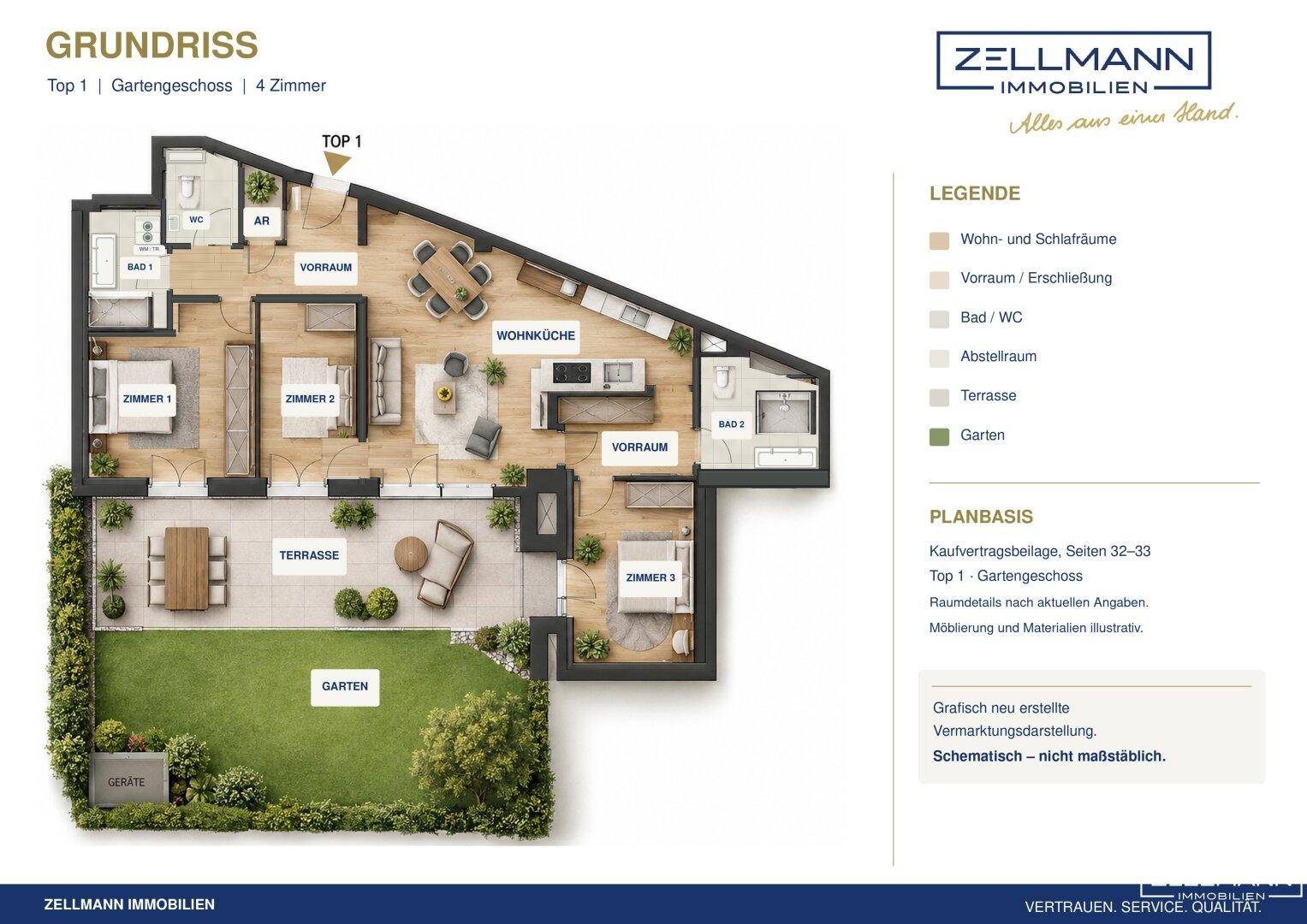 Grundriss des Gartengeschosses mit vier Zimmern, Terrasse und Gartenbereich.