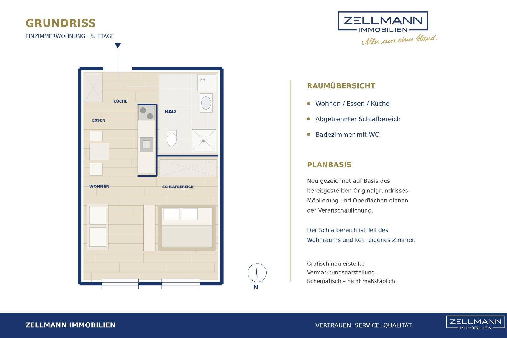 Grundriss einer Einzimmerwohnung im 5. Stock mit offenem Wohn-Essbereich und separatem Schlafbereich.