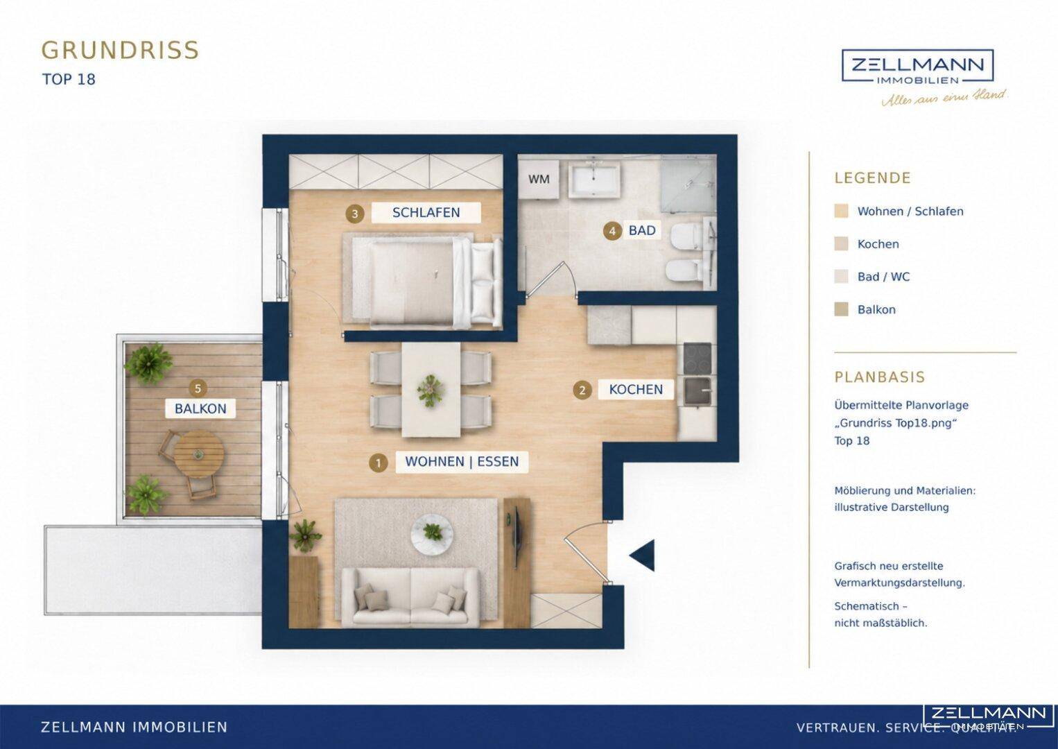 Grundriss der Wohnung "Top 18" mit offenem Wohn-/Essbereich, Schlafzimmer und Balkon.
