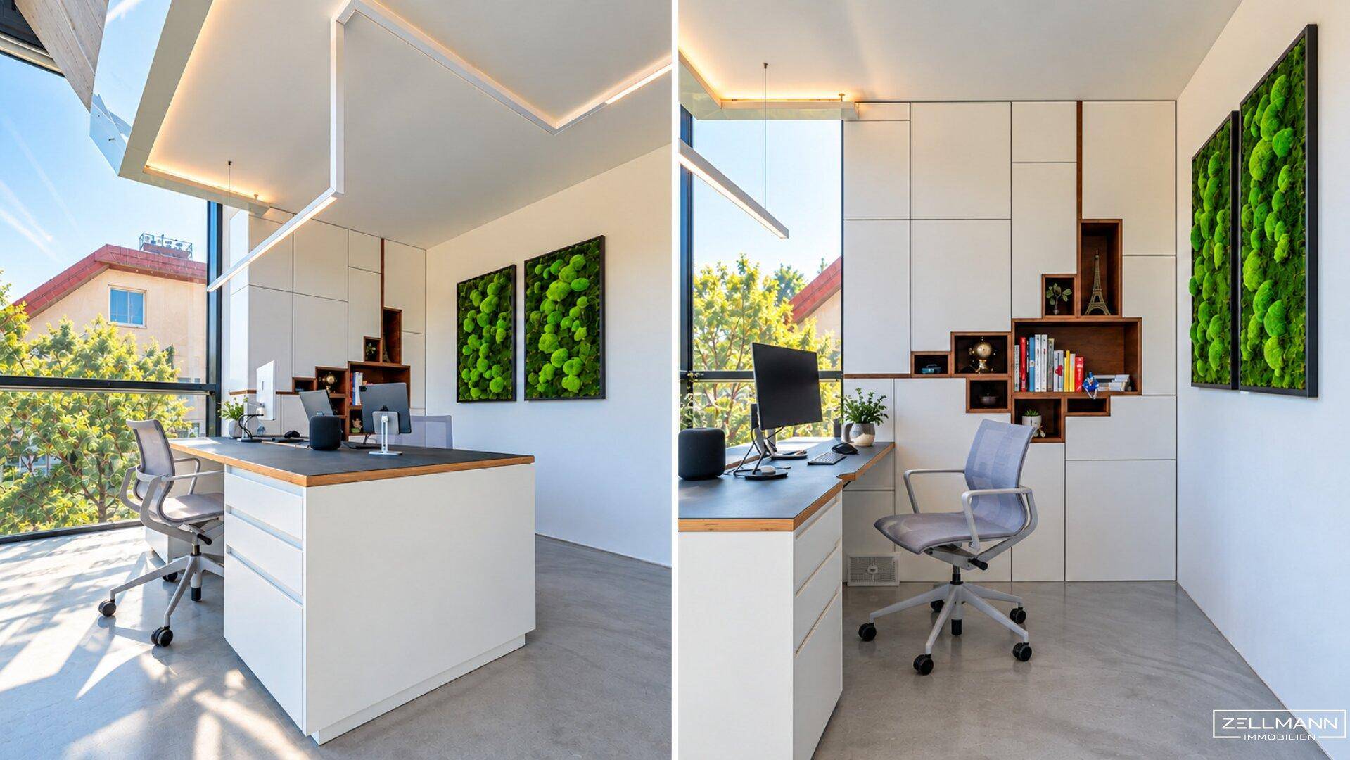Modernes Büro mit Schreibtisch, ergonomischem Stuhl und integrierten Regalen.