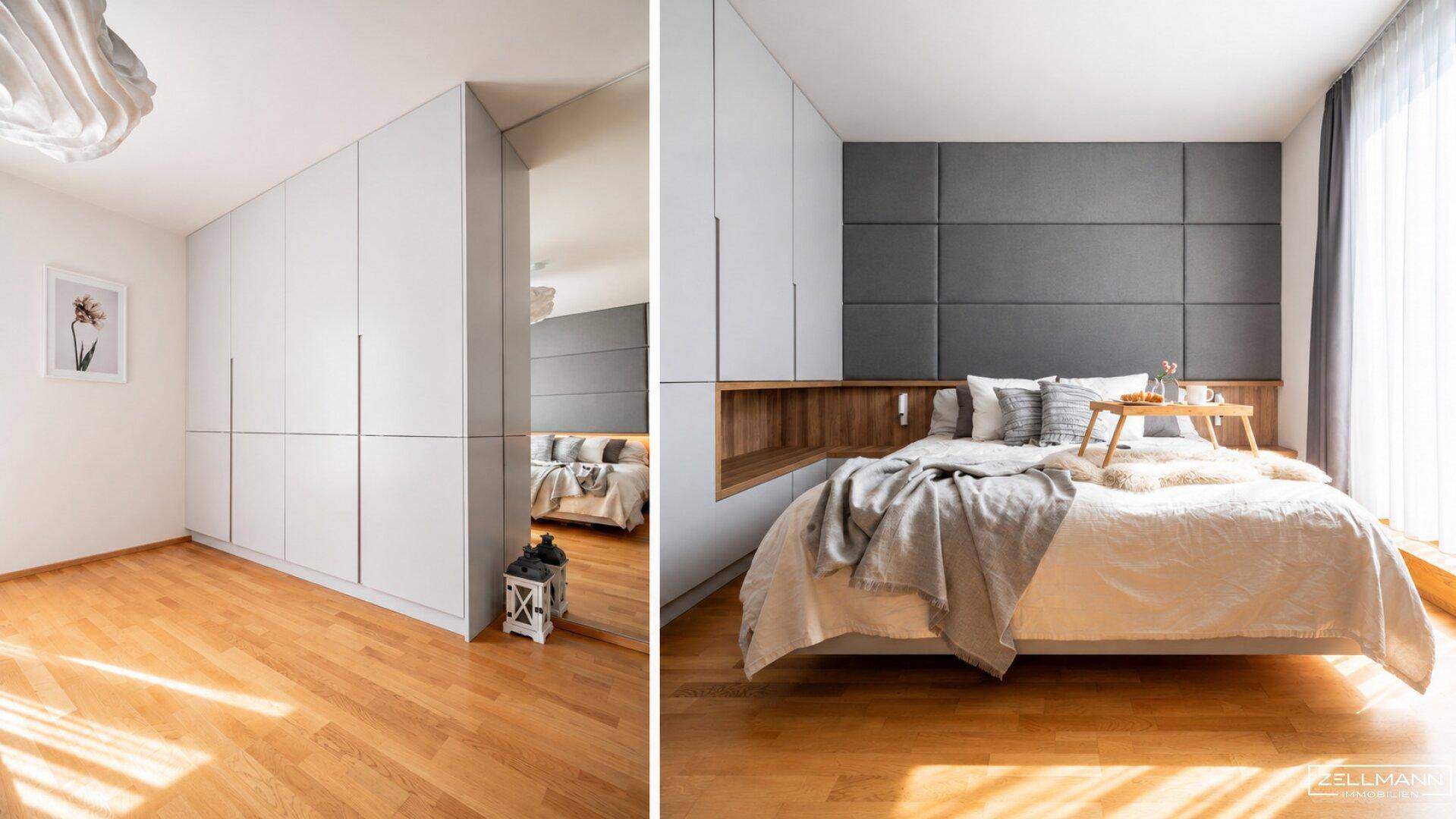 Schlafzimmer mit geräumigen Einbauschränken und einem modernen Bett mit gepolstertem Kopfteil.
