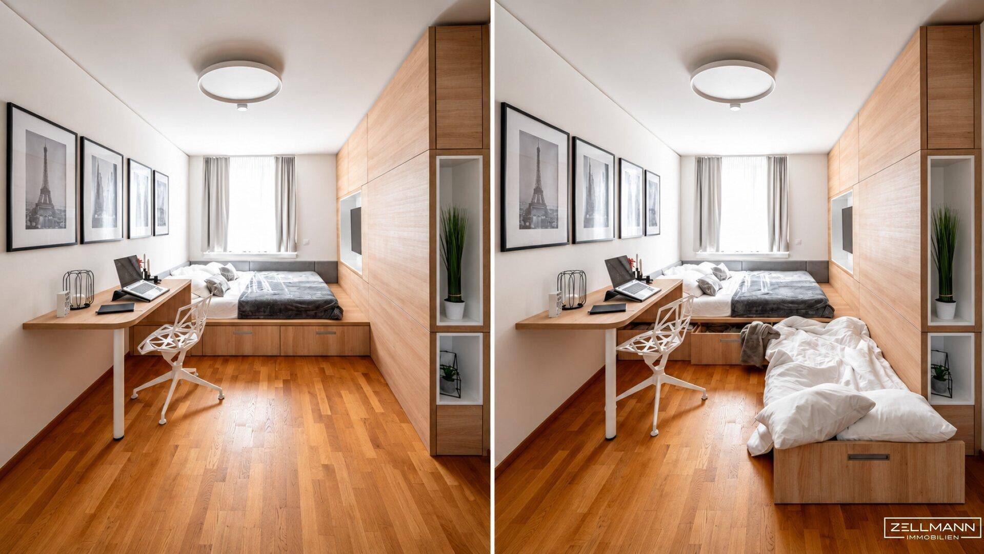 Funktionales Schlafzimmer mit integriertem Bett, Schreibtisch und Holzwandverkleidung.