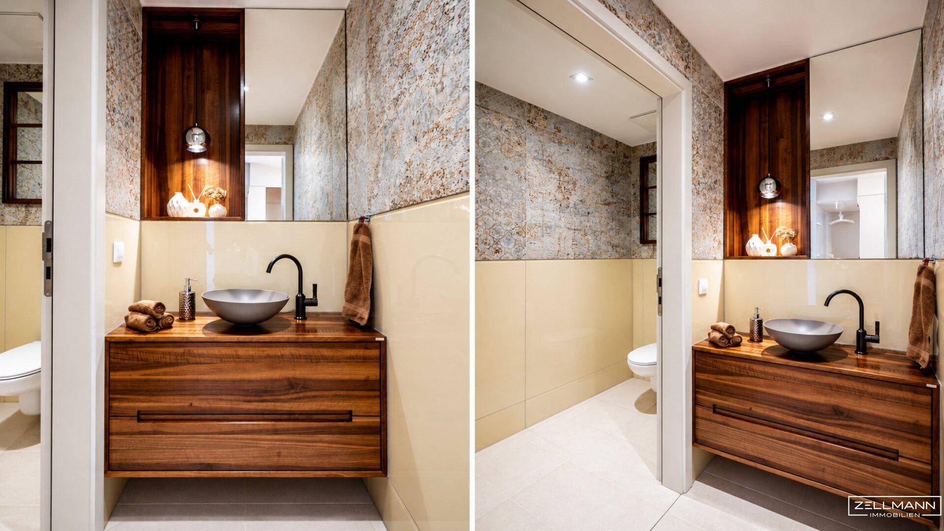 Stilvolles Gäste-WC mit modernem Aufsatzwaschbecken und dunklem Holzunterschrank.