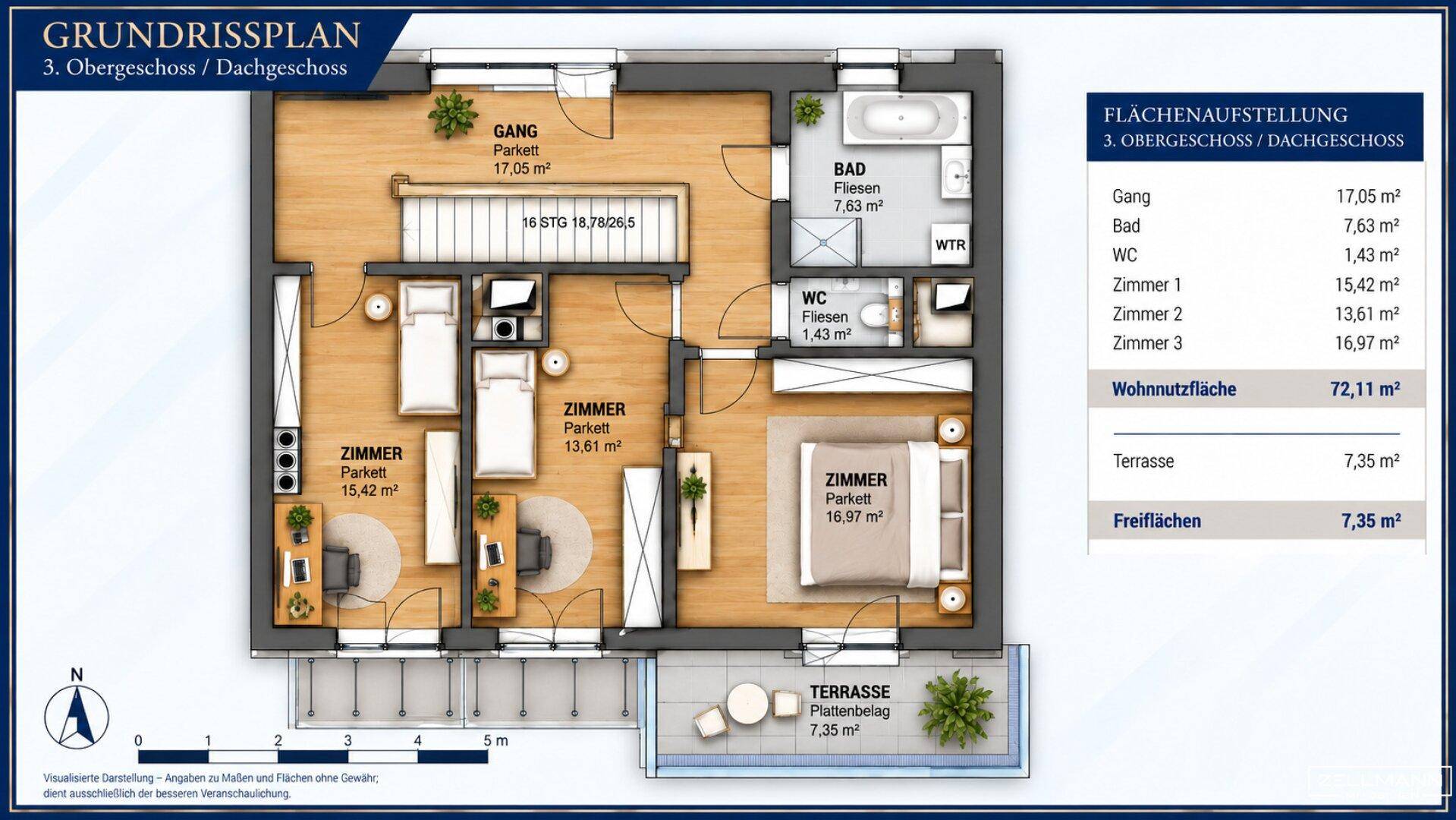 Grundriss des 3. Obergeschosses/Dachgeschosses mit Schlafzimmern, Bädern und Terrasse.