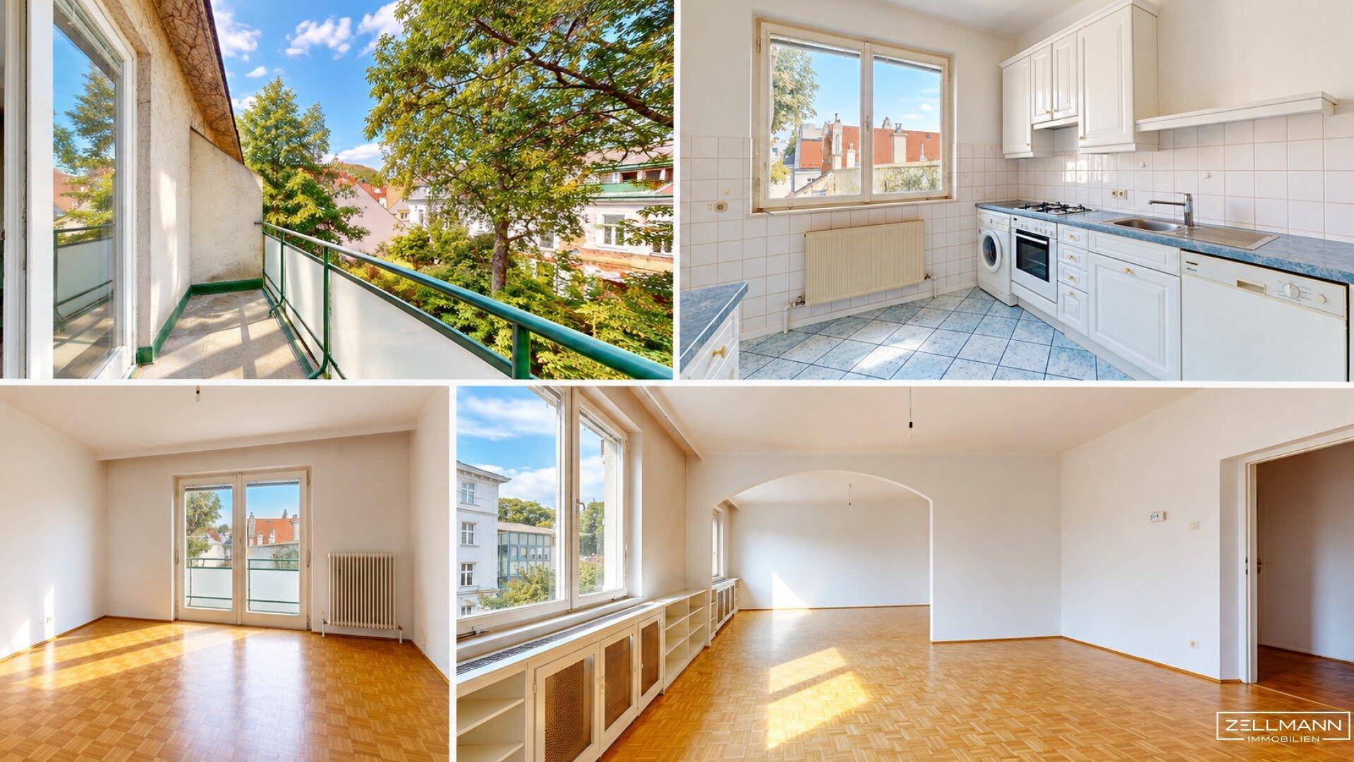 Collage aus verschiedenen Innenräumen mit Balkon, Küche und hellen Wohnbereichen.