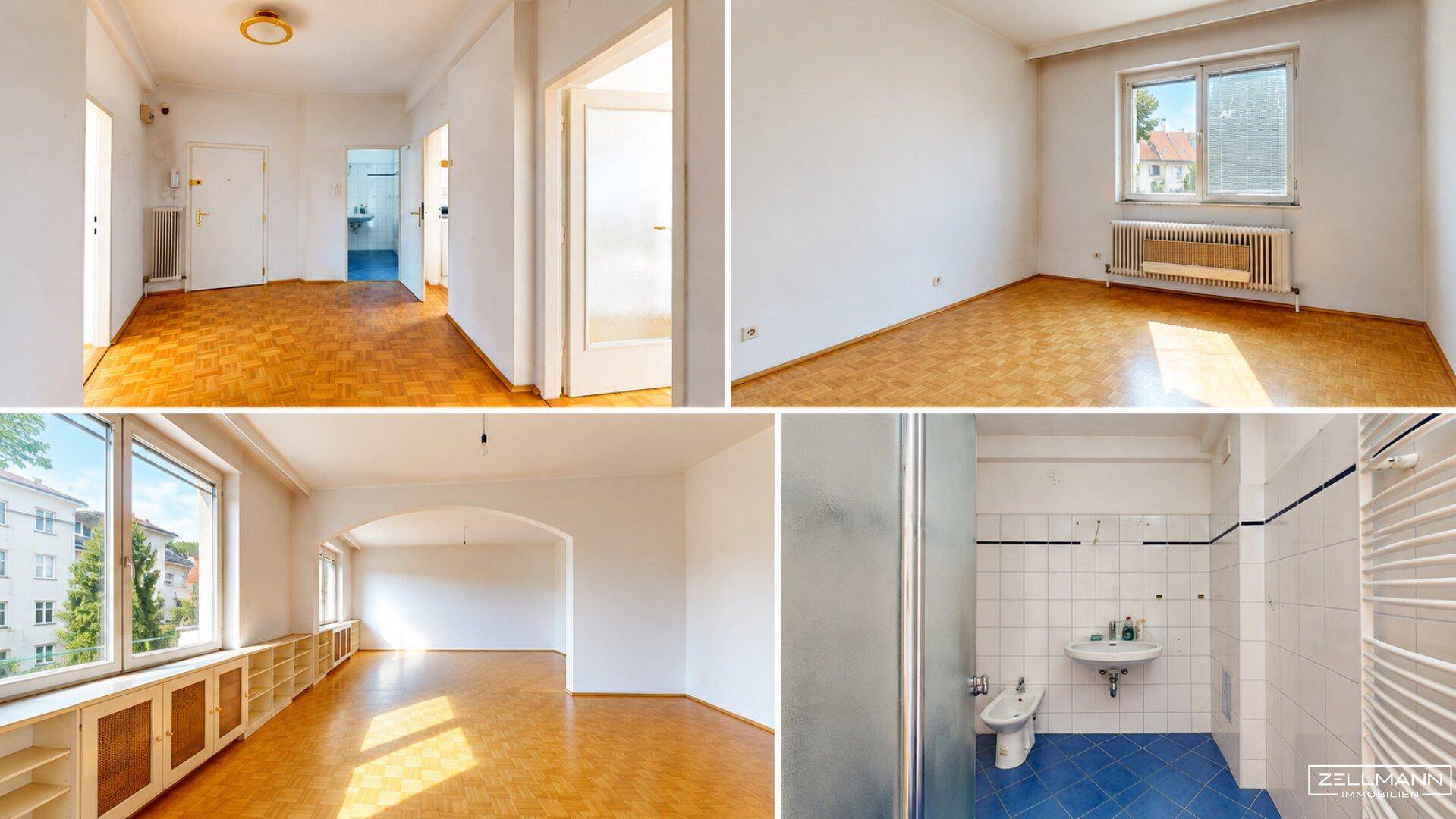Collage aus verschiedenen Innenräumen mit Flur, Zimmer und einem Badezimmer im 80er-Jahre-Stil.