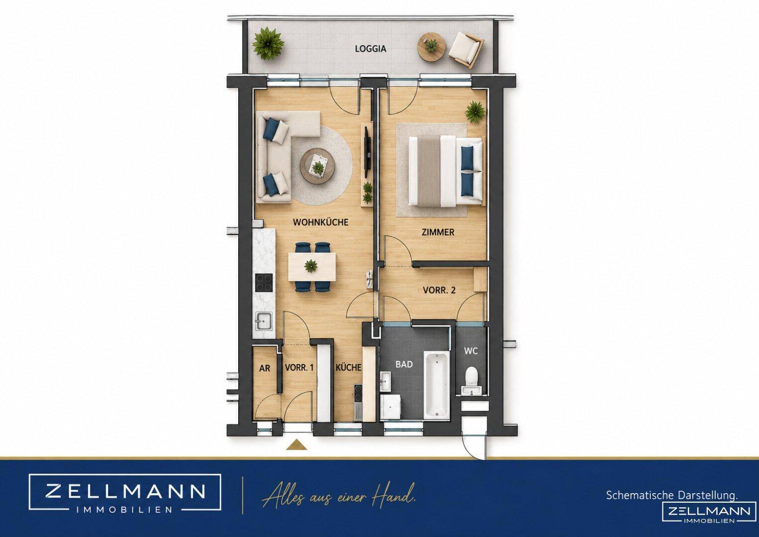 Detaillierter Grundriss einer Wohnung mit Wohnküche, Schlafzimmer und Loggia.