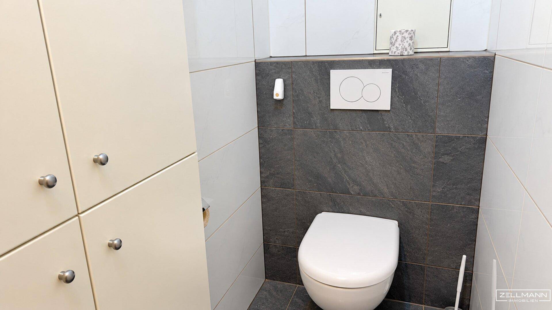 Modernes separates WC mit Wand-WC, dunklen Fliesen und praktischen Einbauschränken.