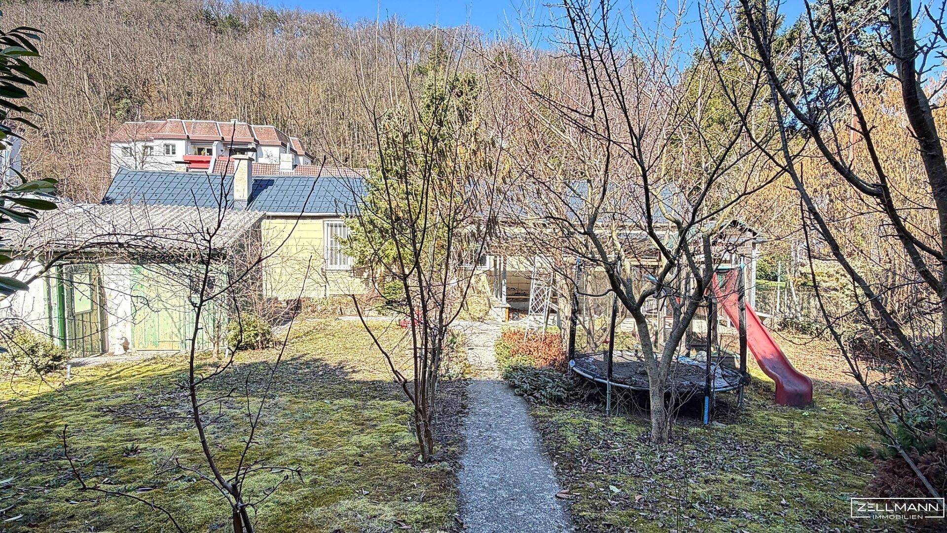 Großer Gartenbereich mit Trampolin und Rutsche, umgeben von Bäumen und Sträuchern.
