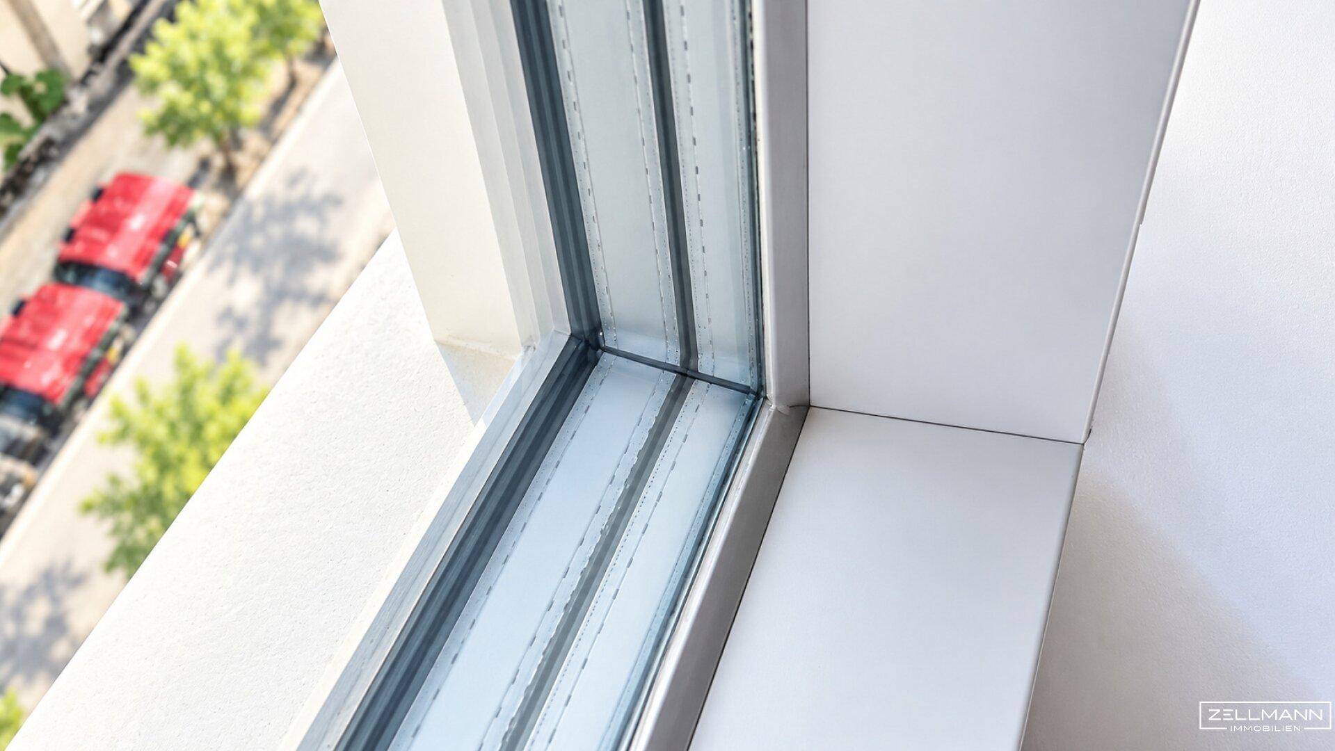 Nahaufnahme eines modernen Fensters mit Blick auf die Straße und Bäume.