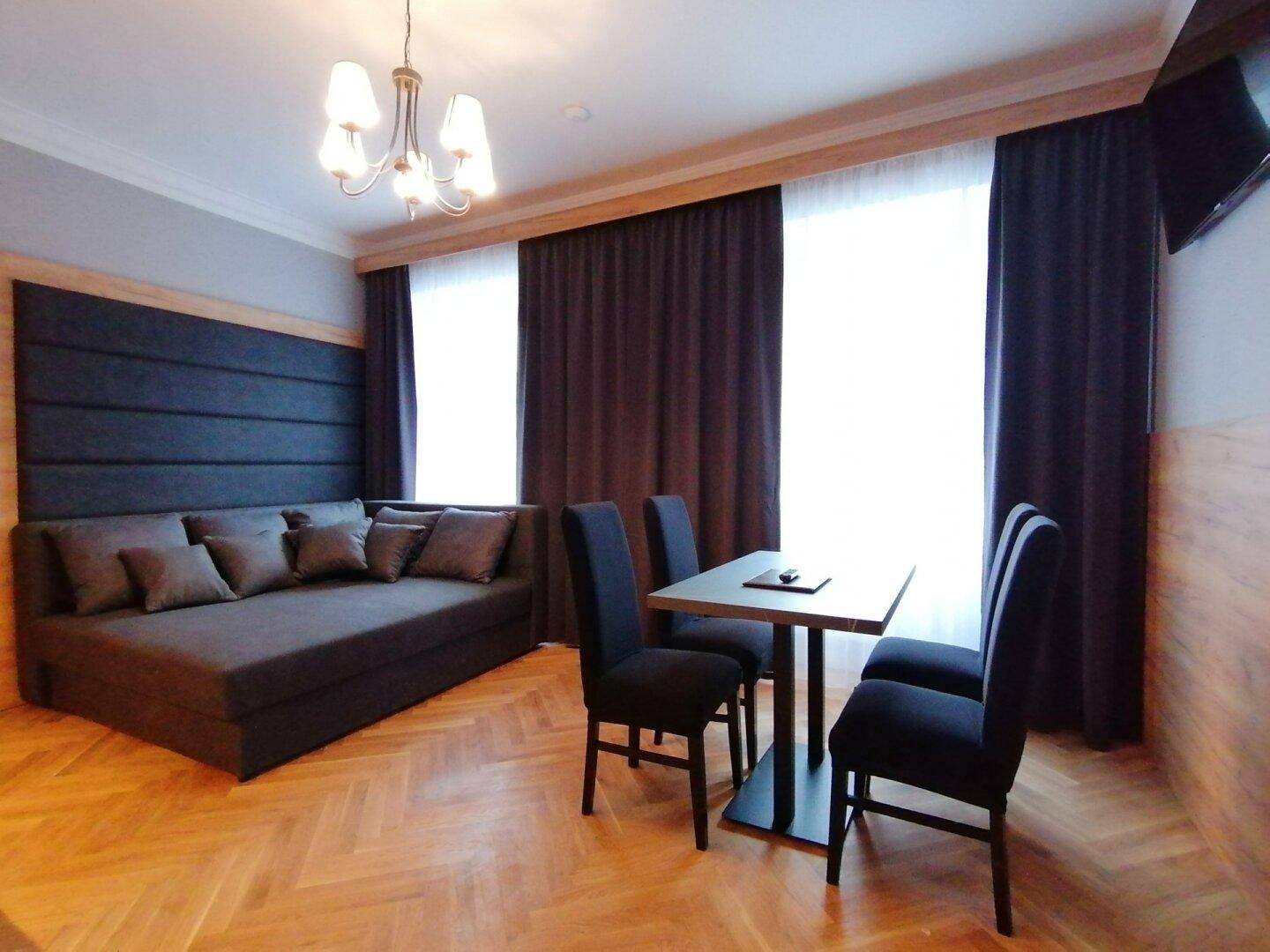 Modernes Studio-Apartment mit Schlafsofa, Esstisch und Holzboden.