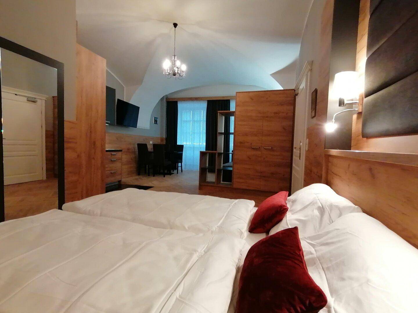Geräumiges Studio-Apartment mit Schlafbereich, Essbereich und gewölbter Decke.