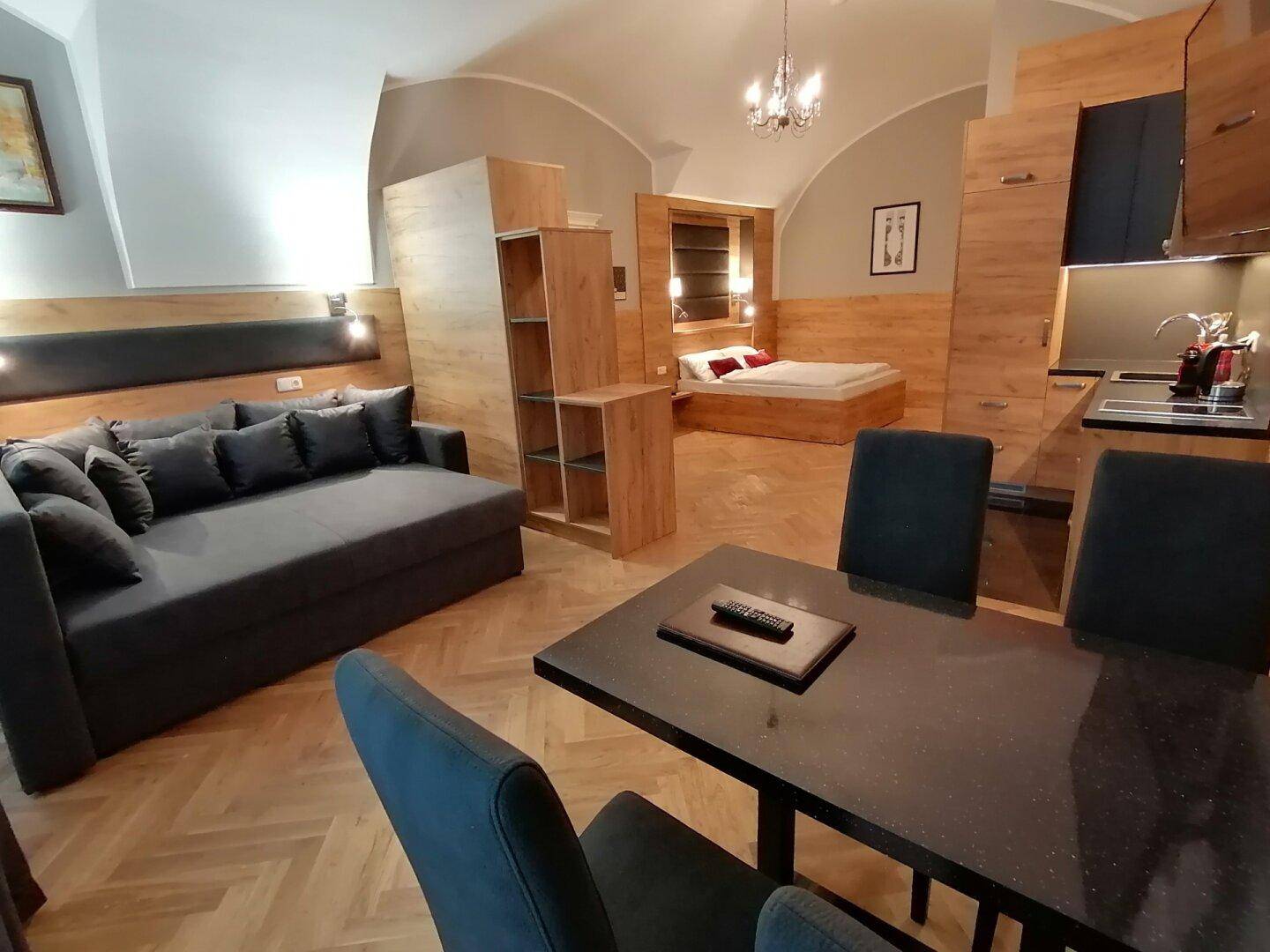 Offenes Studio-Apartment mit Wohnbereich, Esstisch, Schlafbereich und integrierter Küchenzeile unter Gewölbedecke.